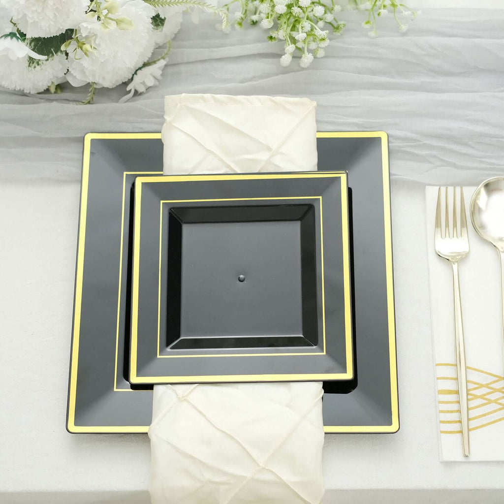 10 - Pack Plastic Salad Dessert Plates Black Square with Gold Trim - Durable Disposable Appetizer Plates 7" - Bell Racket Store
