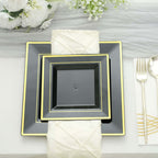 10 - Pack Plastic Salad Dessert Plates Black Square with Gold Trim - Durable Disposable Appetizer Plates 7" - Bell Racket Store