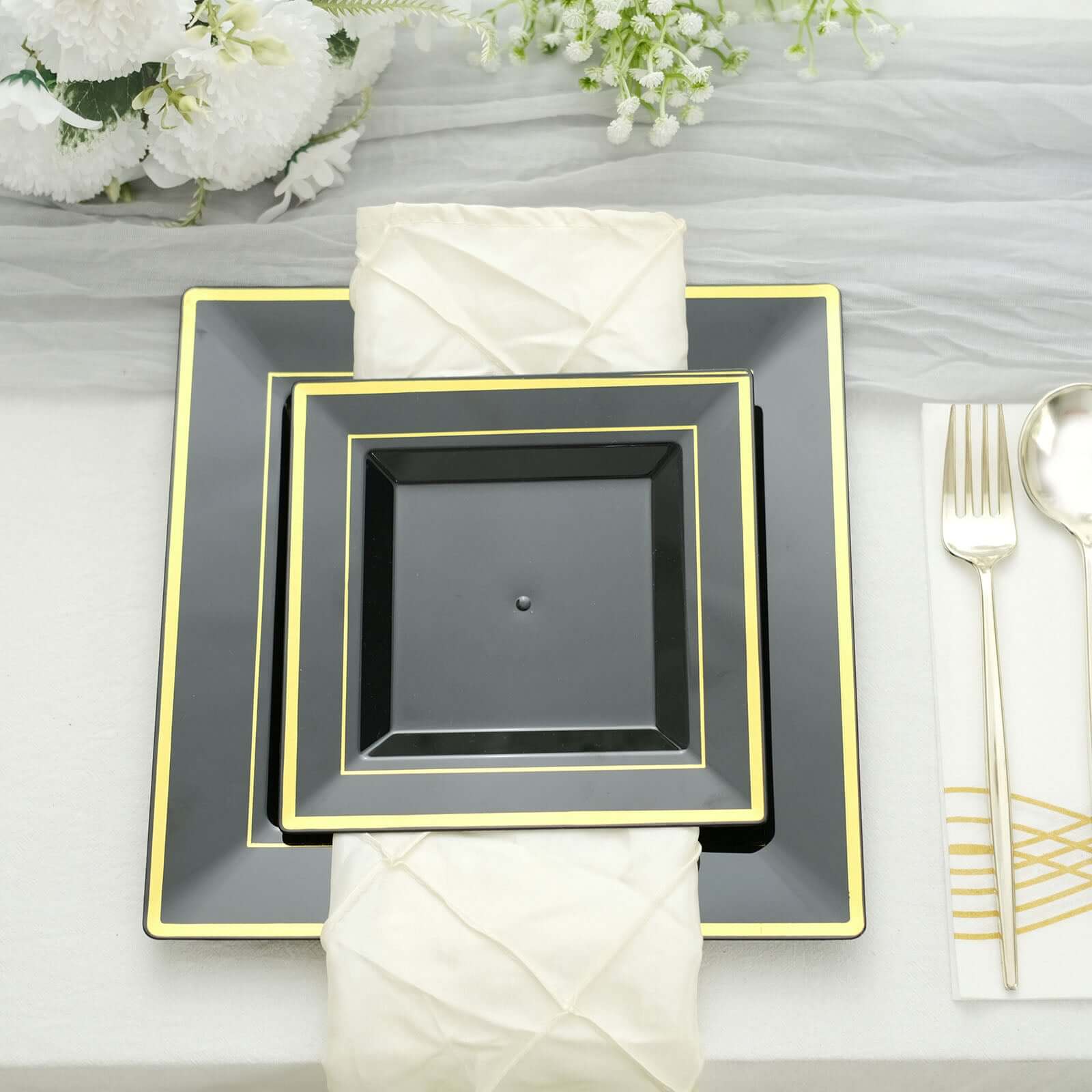 10 - Pack Plastic Salad Dessert Plates Black Square with Gold Trim - Durable Disposable Appetizer Plates 7" - Bell Racket Store