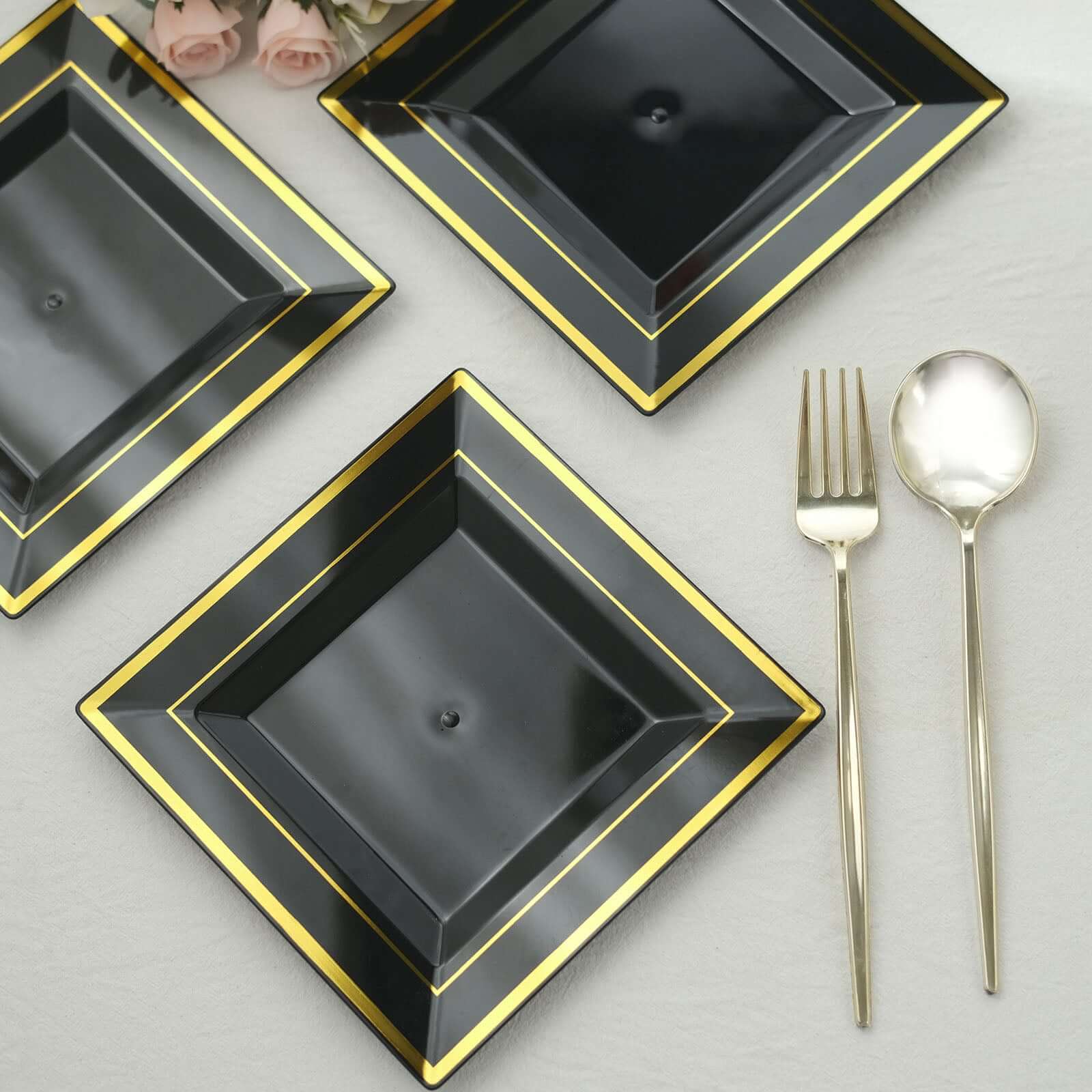 10 - Pack Plastic Salad Dessert Plates Black Square with Gold Trim - Durable Disposable Appetizer Plates 7" - Bell Racket Store