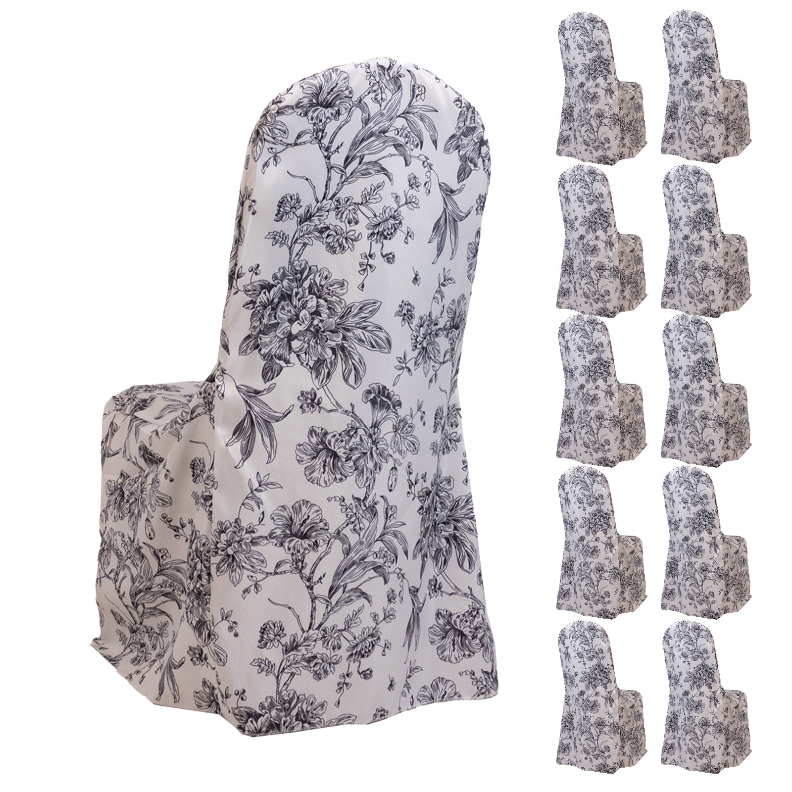 10 Pack Polyester Chair Covers for Banquet Chairs â€“ White Black French Toile Pattern, Reusable Stain - Resistant Slip - On Slipcovers - Bell Racket Store