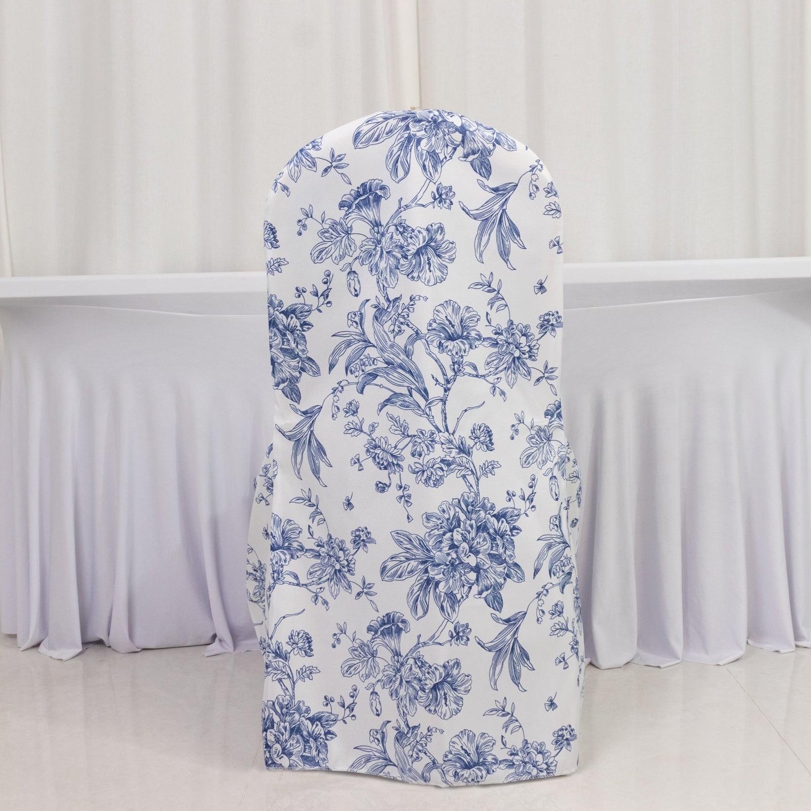 10 Pack Polyester Chair Covers for Banquet Chairs â€“ White Blue French Toile Pattern, Reusable Stain - Resistant Slip - On Slipcovers - Bell Racket Store