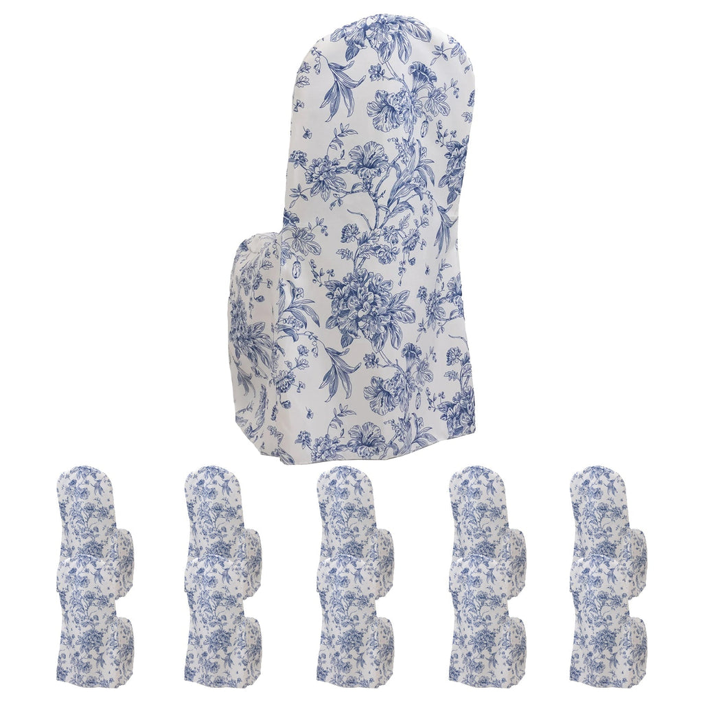 10 Pack Polyester Chair Covers for Banquet Chairs â€“ White Blue French Toile Pattern, Reusable Stain - Resistant Slip - On Slipcovers - Bell Racket Store