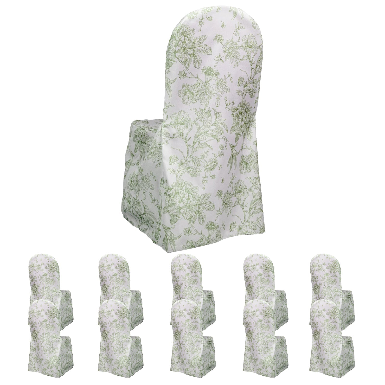 10 Pack Polyester Chair Covers for Banquet Chairs â€“ White Dusty Sage Green French Toile Pattern, Reusable Stain - Resistant Slip - On Slipcovers - Bell Racket Store