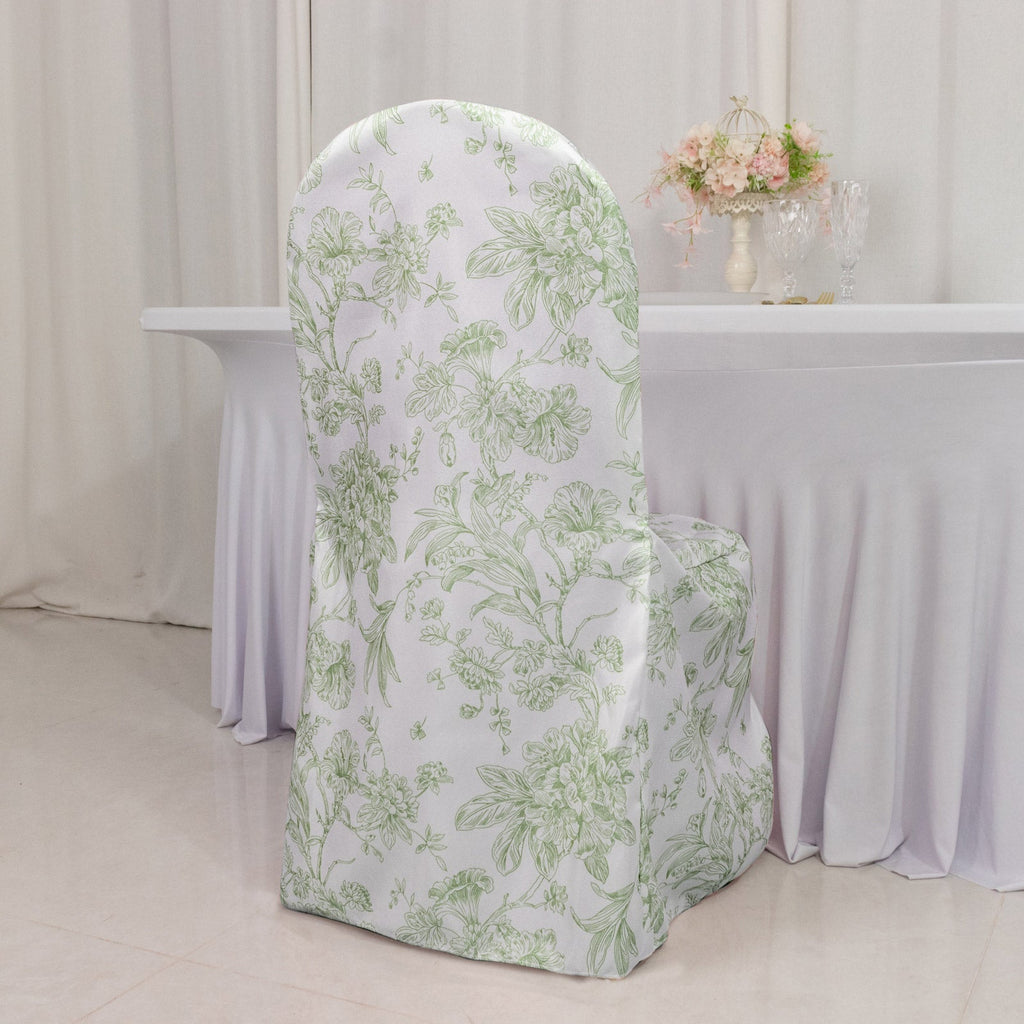 10 Pack Polyester Chair Covers for Banquet Chairs â€“ White Dusty Sage Green French Toile Pattern, Reusable Stain - Resistant Slip - On Slipcovers - Bell Racket Store
