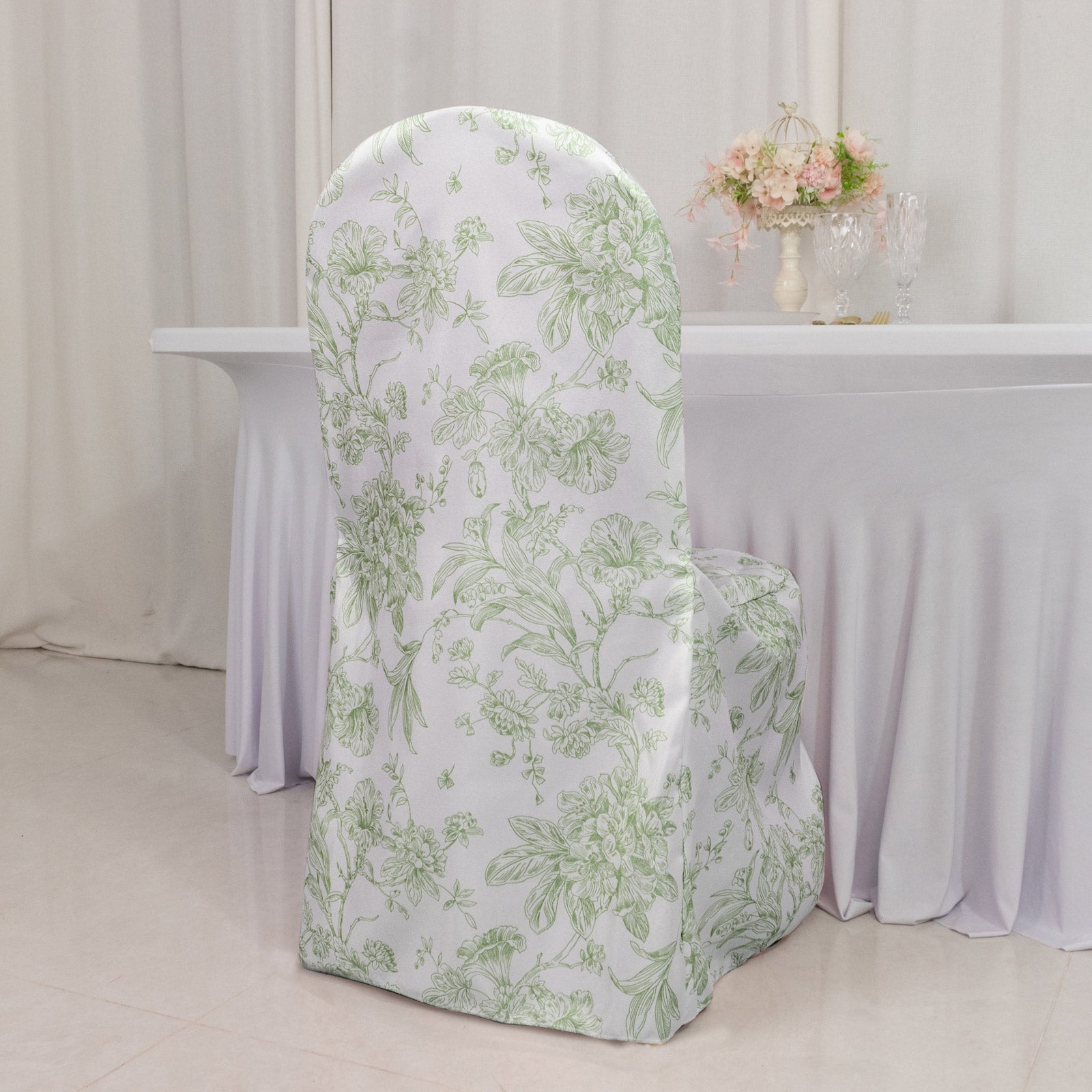 10 Pack Polyester Chair Covers for Banquet Chairs â€“ White Dusty Sage Green French Toile Pattern, Reusable Stain - Resistant Slip - On Slipcovers - Bell Racket Store
