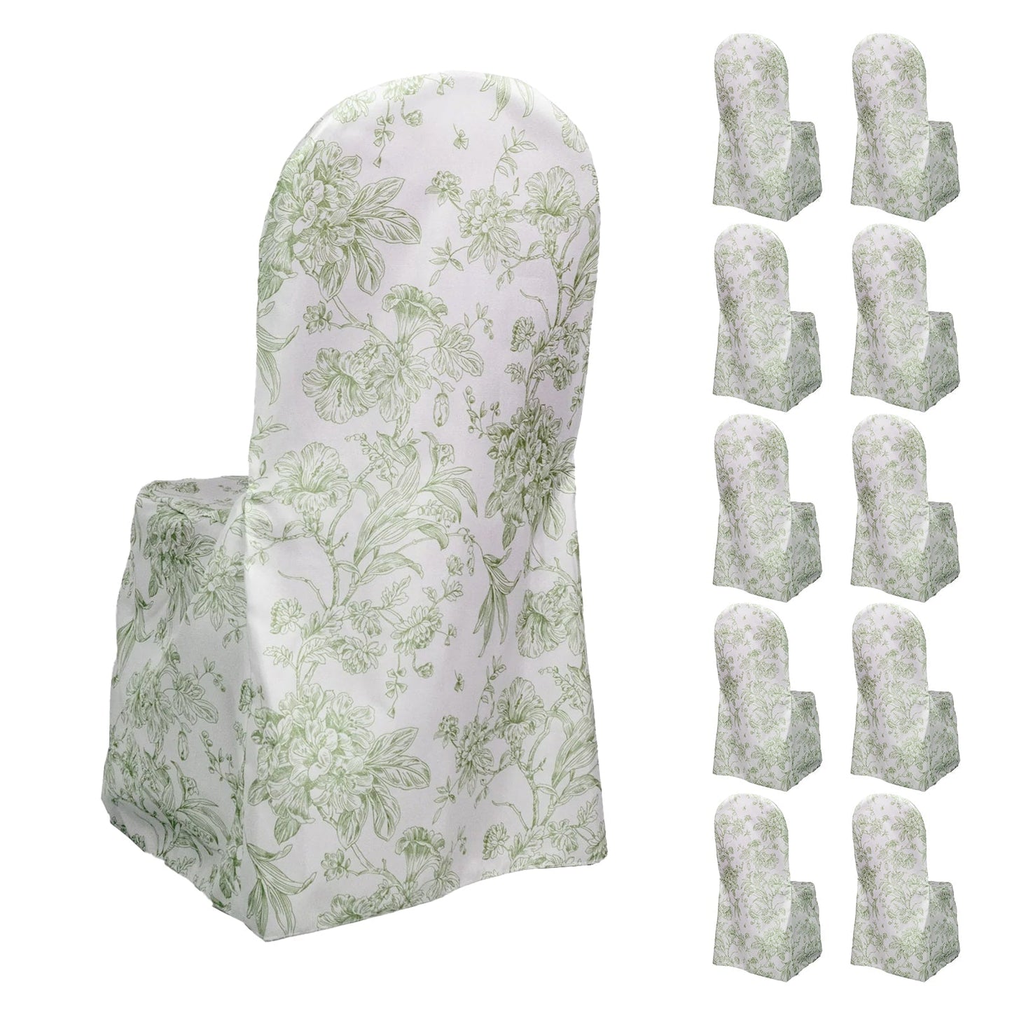 10 Pack Polyester Chair Covers for Banquet Chairs â€“ White Dusty Sage Green French Toile Pattern, Reusable Stain - Resistant Slip - On Slipcovers - Bell Racket Store