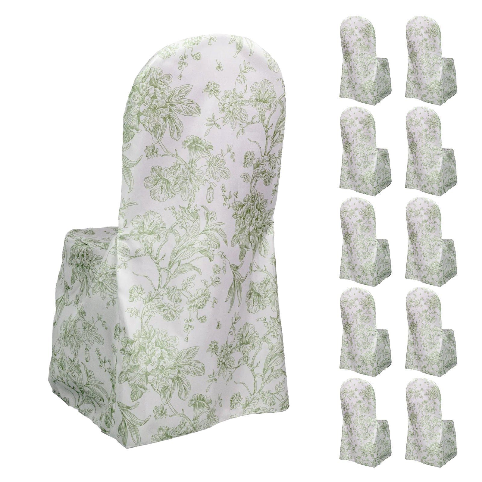 10 Pack Polyester Chair Covers for Banquet Chairs â€“ White Dusty Sage Green French Toile Pattern, Reusable Stain - Resistant Slip - On Slipcovers - Bell Racket Store