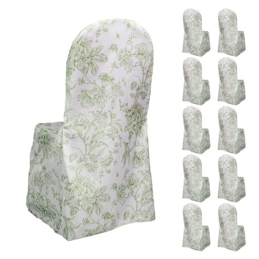 10 Pack Polyester Chair Covers for Banquet Chairs â€“ White Dusty Sage Green French Toile Pattern, Reusable Stain - Resistant Slip - On Slipcovers - Bell Racket Store