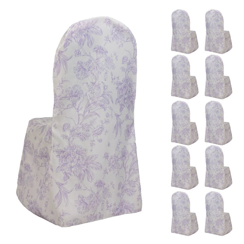 10 Pack Polyester Chair Covers for Banquet Chairs â€“ White Lavender Lilac French Toile Pattern, Reusable Stain - Resistant Slip - On Slipcovers - Bell Racket Store