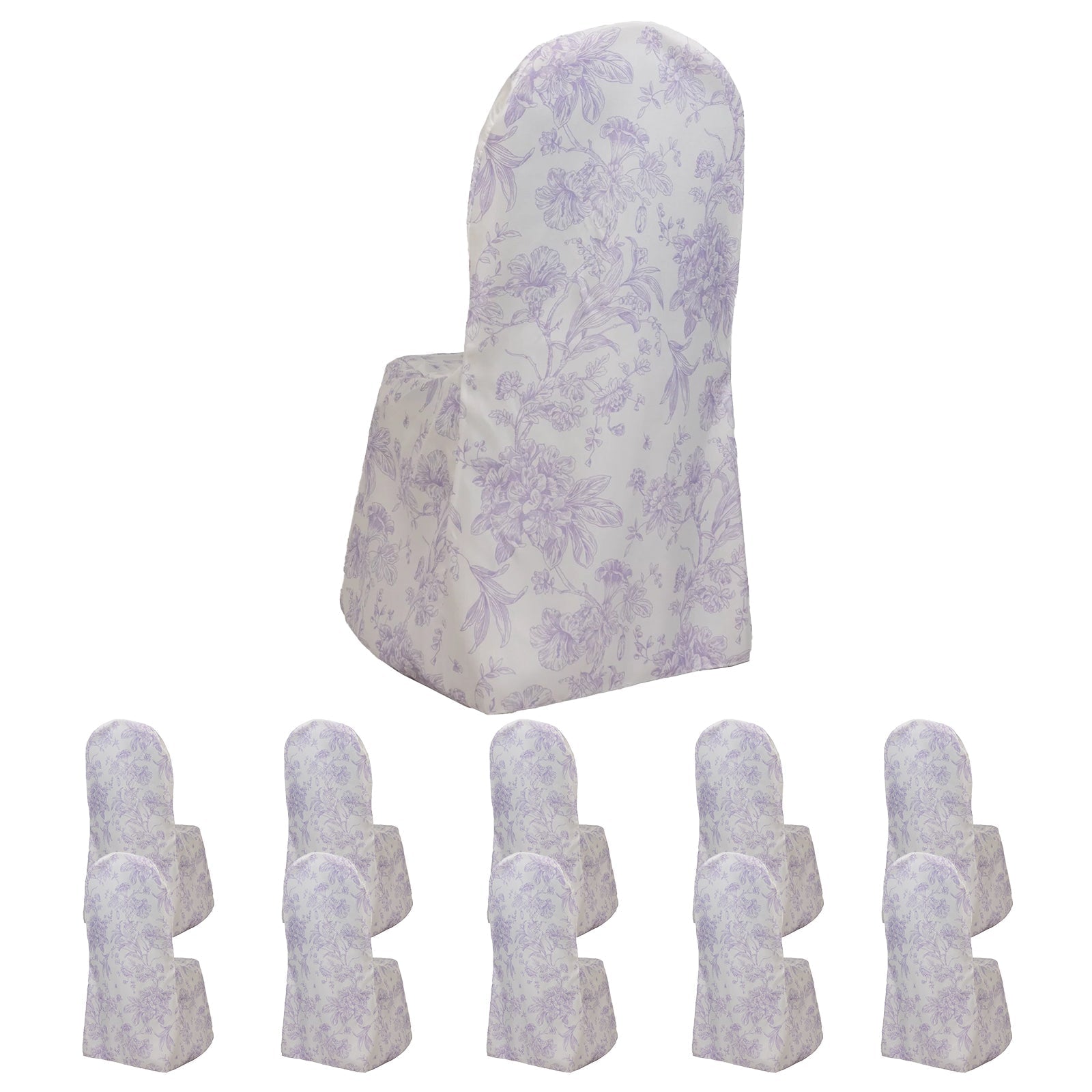 10 Pack Polyester Chair Covers for Banquet Chairs â€“ White Lavender Lilac French Toile Pattern, Reusable Stain - Resistant Slip - On Slipcovers - Bell Racket Store