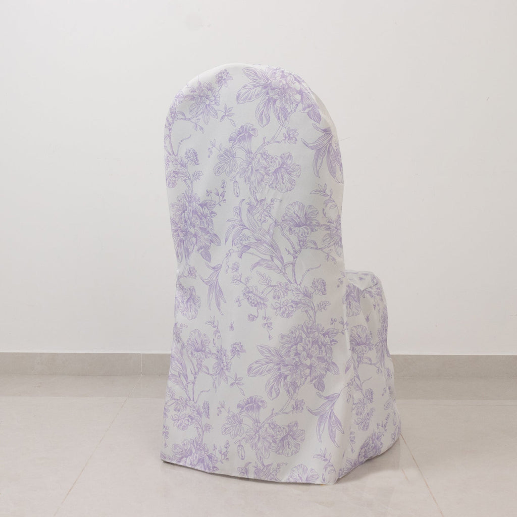 10 Pack Polyester Chair Covers for Banquet Chairs â€“ White Lavender Lilac French Toile Pattern, Reusable Stain - Resistant Slip - On Slipcovers - Bell Racket Store