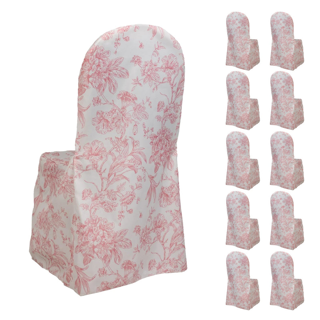 10 Pack Polyester Chair Covers for Banquet Chairs â€“ White Pink French Toile Pattern, Reusable Stain - Resistant Slip - On Slipcovers - Bell Racket Store