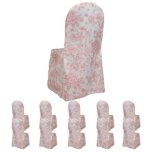 10 Pack Polyester Chair Covers for Banquet Chairs â€“ White Pink French Toile Pattern, Reusable Stain - Resistant Slip - On Slipcovers - Bell Racket Store