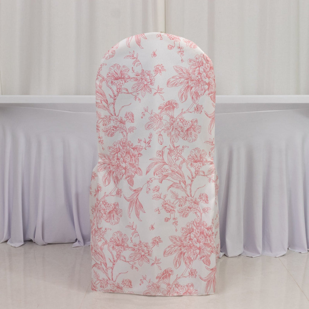 10 Pack Polyester Chair Covers for Banquet Chairs â€“ White Pink French Toile Pattern, Reusable Stain - Resistant Slip - On Slipcovers - Bell Racket Store