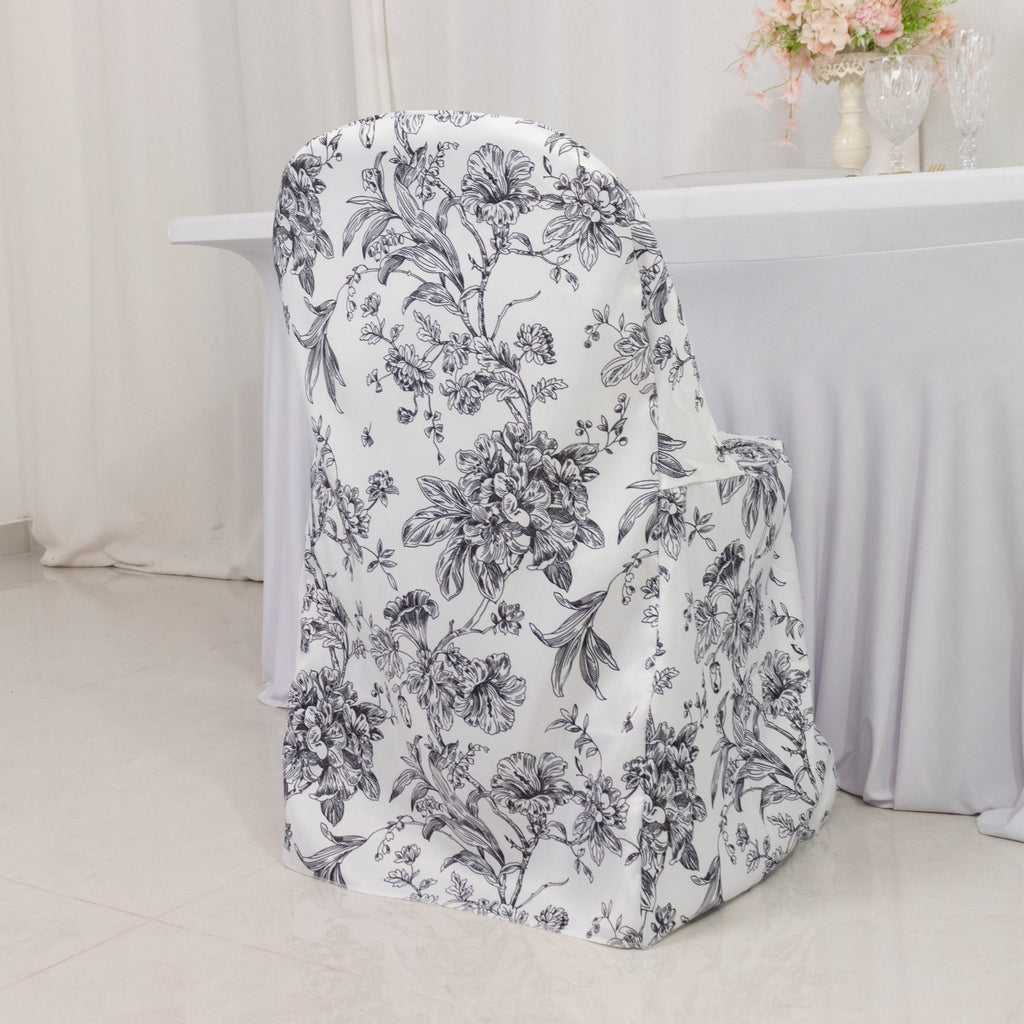 10 Pack Polyester Chair Covers for Folding Chairs â€“ White Black French Toile Pattern, Reusable Stain - Resistant Slip - On Slipcovers - Bell Racket Store