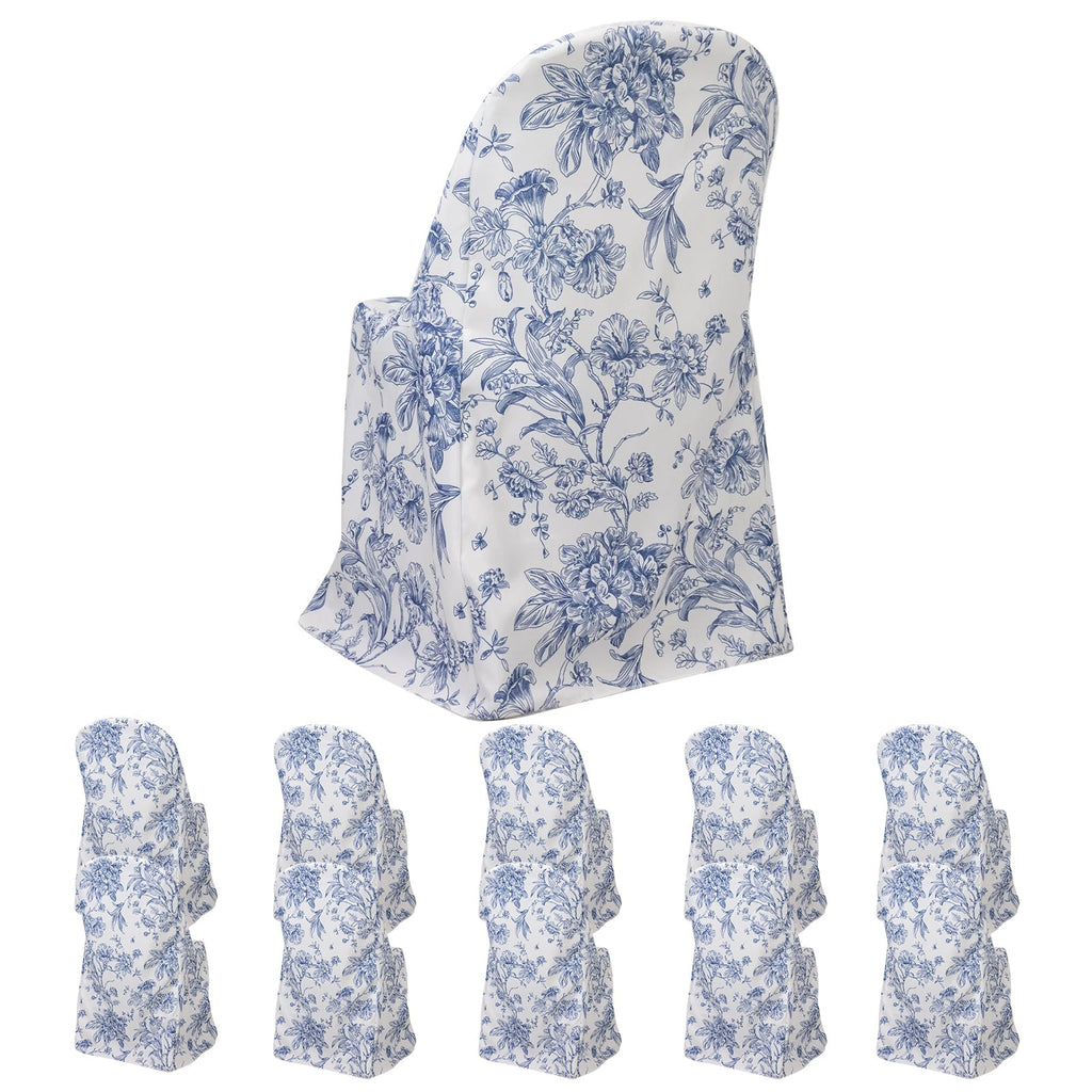10 Pack Polyester Chair Covers for Folding Chairs â€“ White Blue French Toile Pattern, Reusable Stain - Resistant Slip - On Slipcovers - Bell Racket Store