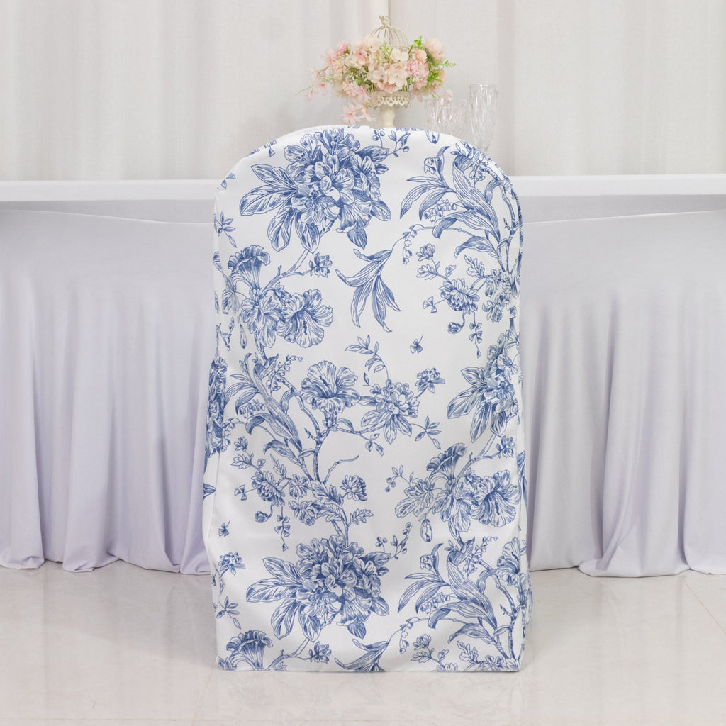 10 Pack Polyester Chair Covers for Folding Chairs â€“ White Blue French Toile Pattern, Reusable Stain - Resistant Slip - On Slipcovers - Bell Racket Store