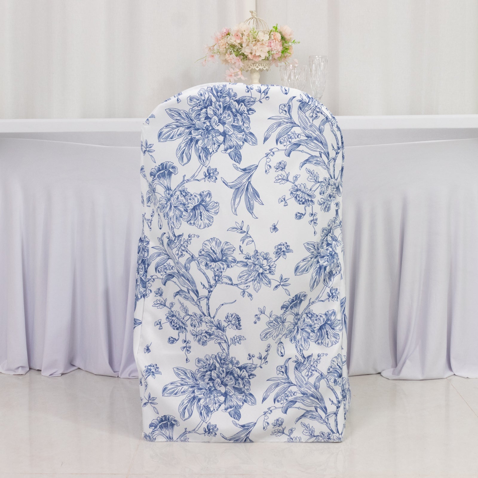 10 Pack Polyester Chair Covers for Folding Chairs â€“ White Blue French Toile Pattern, Reusable Stain - Resistant Slip - On Slipcovers - Bell Racket Store