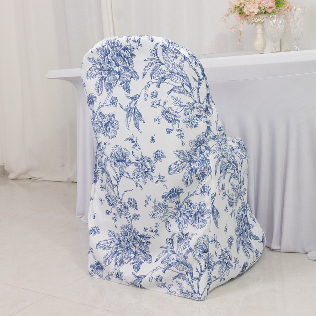 10 Pack Polyester Chair Covers for Folding Chairs â€“ White Blue French Toile Pattern, Reusable Stain - Resistant Slip - On Slipcovers - Bell Racket Store