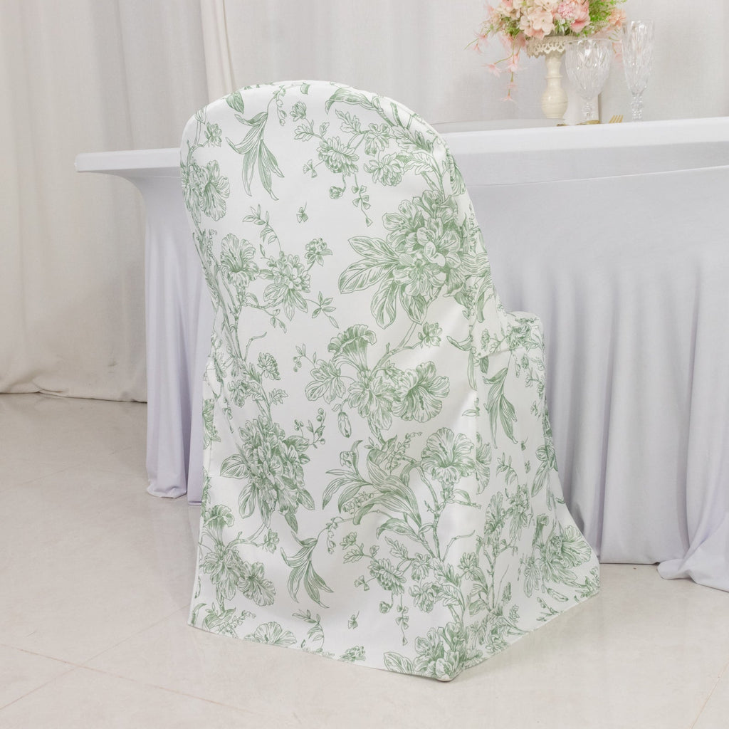 10 Pack Polyester Chair Covers for Folding Chairs â€“ White Dusty Sage Green French Toile Pattern, Reusable Stain - Resistant Slip - On Slipcovers - Bell Racket Store