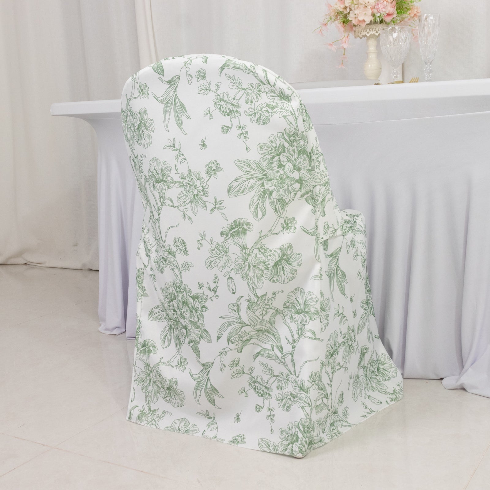 10 Pack Polyester Chair Covers for Folding Chairs â€“ White Dusty Sage Green French Toile Pattern, Reusable Stain - Resistant Slip - On Slipcovers - Bell Racket Store