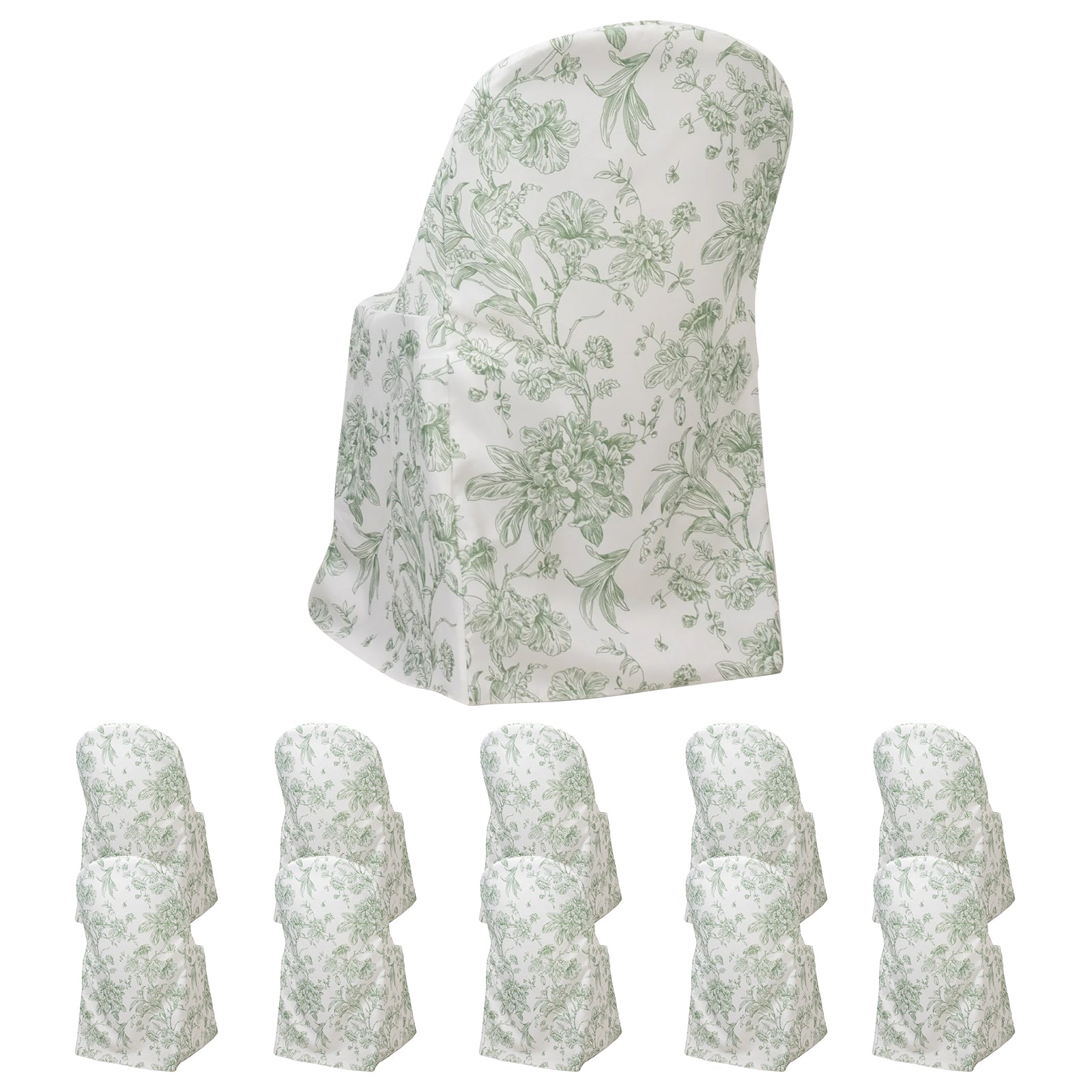 10 Pack Polyester Chair Covers for Folding Chairs â€“ White Dusty Sage Green French Toile Pattern, Reusable Stain - Resistant Slip - On Slipcovers - Bell Racket Store