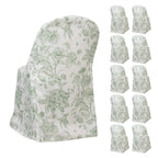 10 Pack Polyester Chair Covers for Folding Chairs â€“ White Dusty Sage Green French Toile Pattern, Reusable Stain - Resistant Slip - On Slipcovers - Bell Racket Store