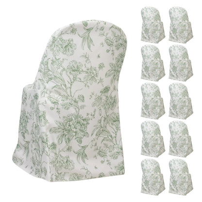 10 Pack Polyester Chair Covers for Folding Chairs â€“ White Dusty Sage Green French Toile Pattern, Reusable Stain - Resistant Slip - On Slipcovers - Bell Racket Store