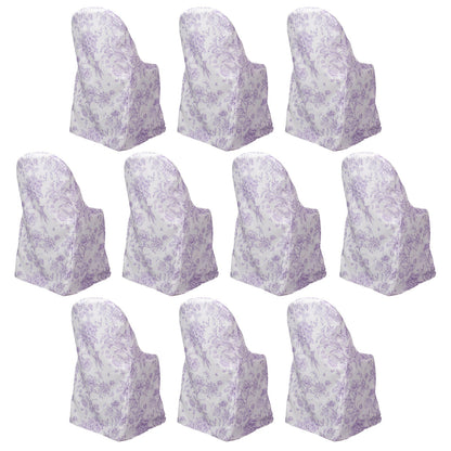 10 Pack Polyester Chair Covers for Folding Chairs â€“ White Lavender Lilac French Toile Pattern, Reusable Stain - Resistant Slip - On Slipcovers - Bell Racket Store