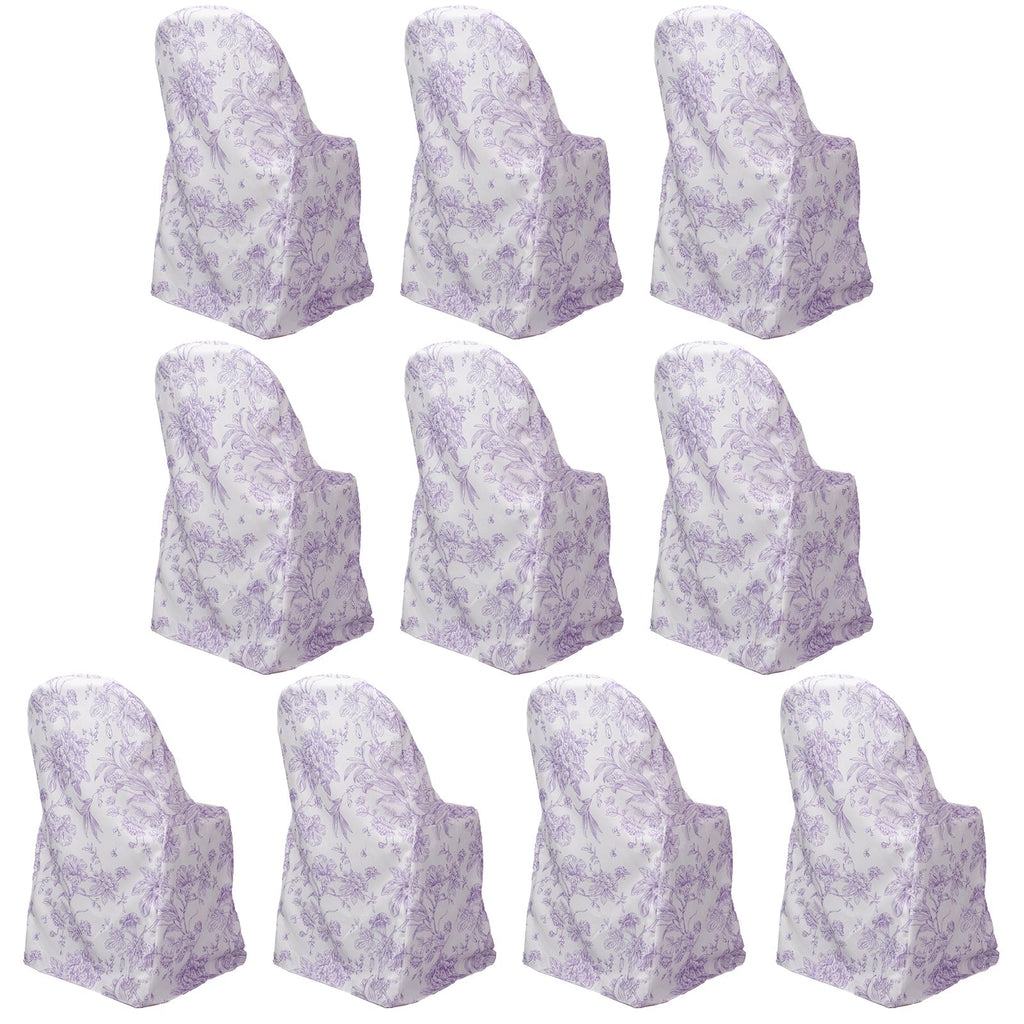 10 Pack Polyester Chair Covers for Folding Chairs â€“ White Lavender Lilac French Toile Pattern, Reusable Stain - Resistant Slip - On Slipcovers - Bell Racket Store