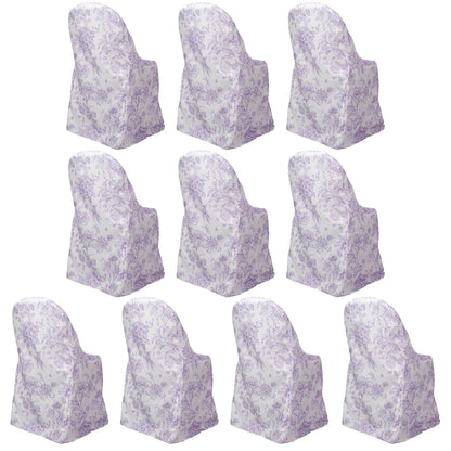 10 Pack Polyester Chair Covers for Folding Chairs â€“ White Lavender Lilac French Toile Pattern, Reusable Stain - Resistant Slip - On Slipcovers - Bell Racket Store
