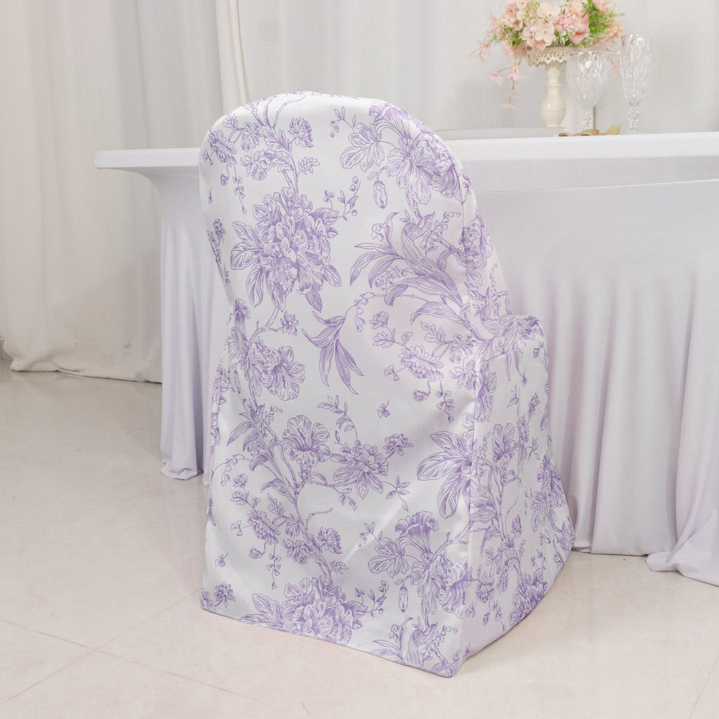 10 Pack Polyester Chair Covers for Folding Chairs â€“ White Lavender Lilac French Toile Pattern, Reusable Stain - Resistant Slip - On Slipcovers - Bell Racket Store