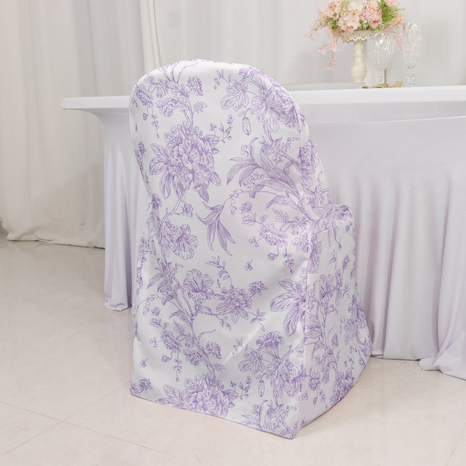 10 Pack Polyester Chair Covers for Folding Chairs â€“ White Lavender Lilac French Toile Pattern, Reusable Stain - Resistant Slip - On Slipcovers - Bell Racket Store