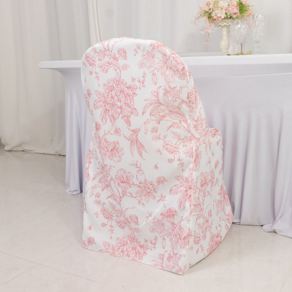 10 Pack Polyester Chair Covers for Folding Chairs â€“ White Pink French Toile Pattern, Reusable Stain - Resistant Slip - On Slipcovers - Bell Racket Store