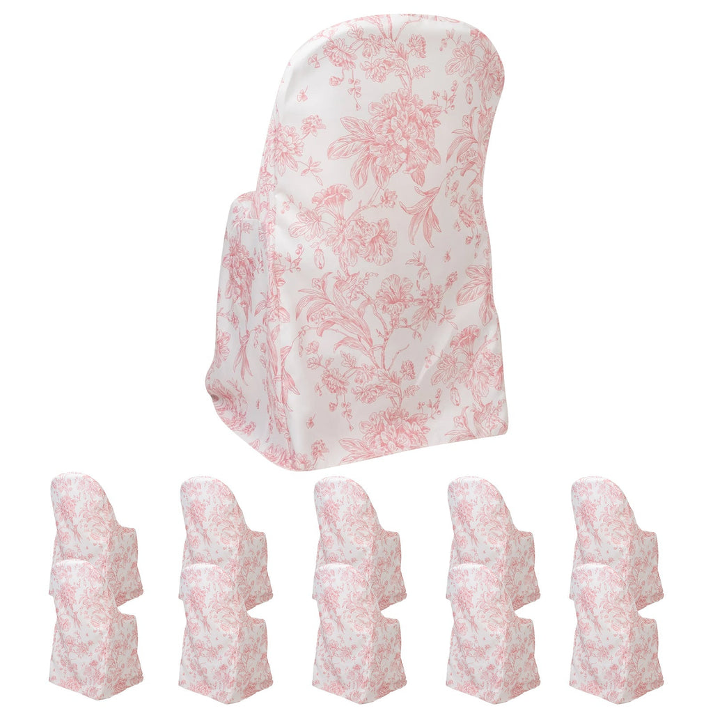 10 Pack Polyester Chair Covers for Folding Chairs â€“ White Pink French Toile Pattern, Reusable Stain - Resistant Slip - On Slipcovers - Bell Racket Store