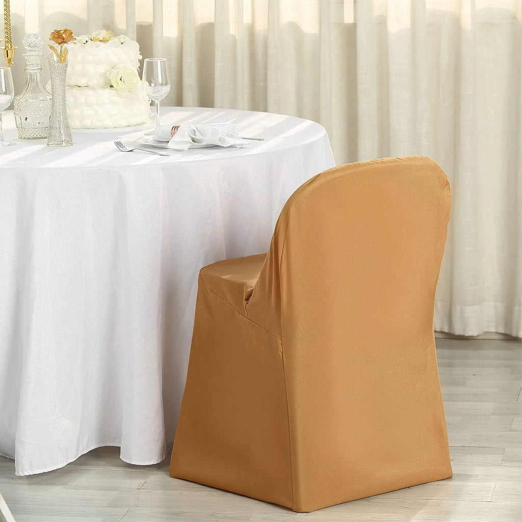 10 Pack Polyester Chair Covers for Folding Chairs Gold - Wrinkle - Free Stain - Resistant Slip - On Design for Events - Bell Racket Store