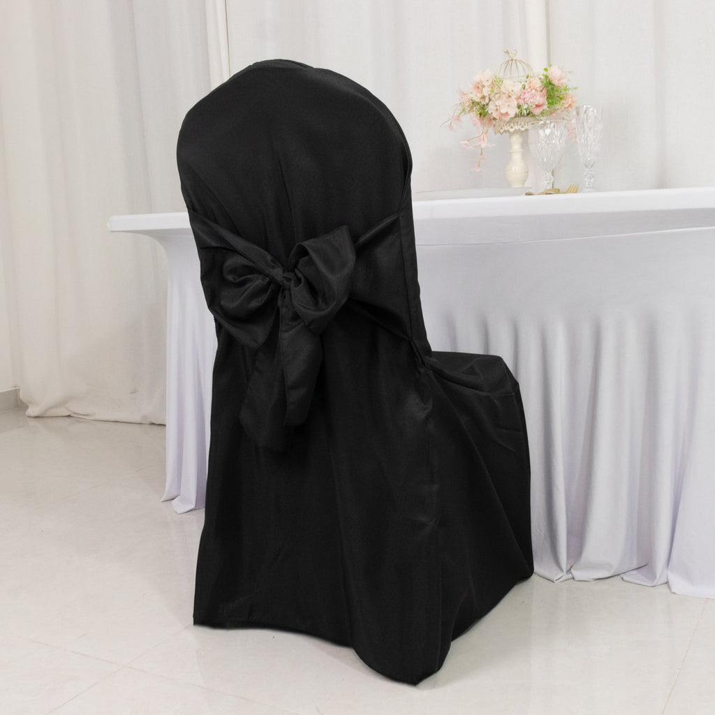10 - Pack Polyester Slip - On Banquet Chair Covers with Attached Sashes â€“ Black Reusable Stain - Resistant Covers for Wedding & Event Decor - Bell Racket Store