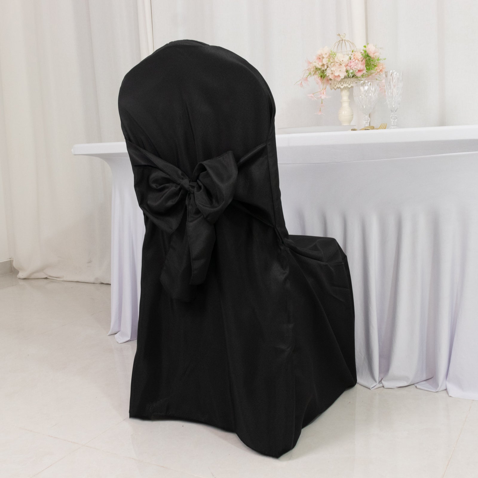 10 - Pack Polyester Slip - On Banquet Chair Covers with Attached Sashes â€“ Black Reusable Stain - Resistant Covers for Wedding & Event Decor - Bell Racket Store