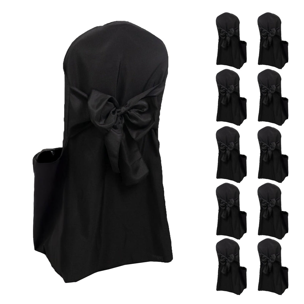 10 - Pack Polyester Slip - On Banquet Chair Covers with Attached Sashes â€“ Black Reusable Stain - Resistant Covers for Wedding & Event Decor - Bell Racket Store