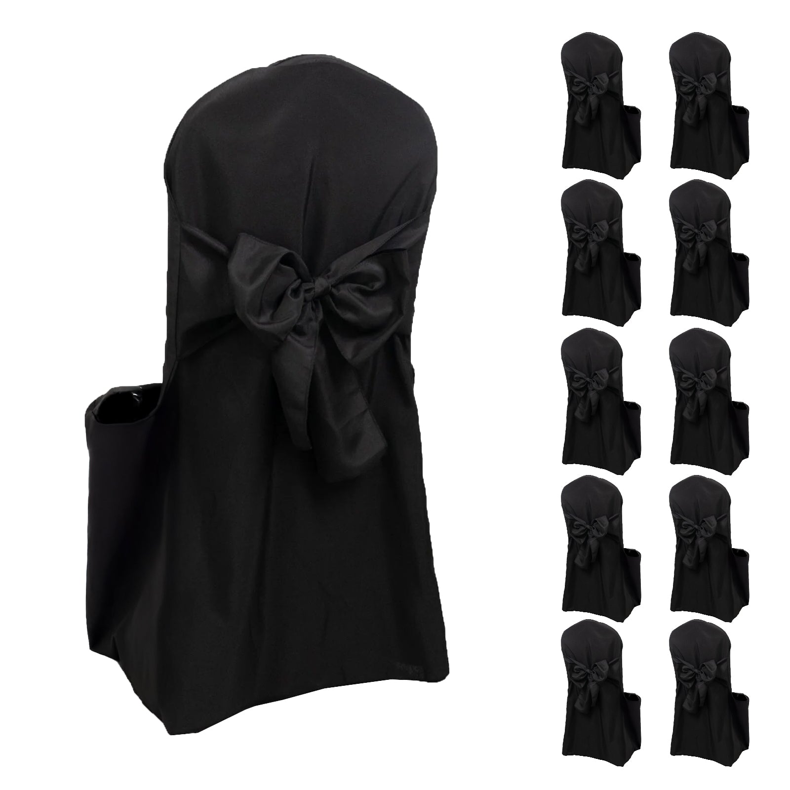 10 - Pack Polyester Slip - On Banquet Chair Covers with Attached Sashes â€“ Black Reusable Stain - Resistant Covers for Wedding & Event Decor - Bell Racket Store