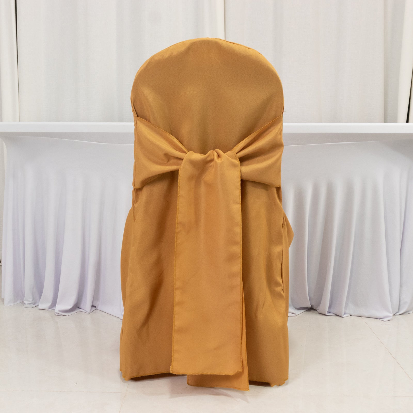 10 - Pack Polyester Slip - On Banquet Chair Covers with Attached Sashes â€“ Gold Reusable Stain - Resistant Covers for Wedding & Event Decor - Bell Racket Store