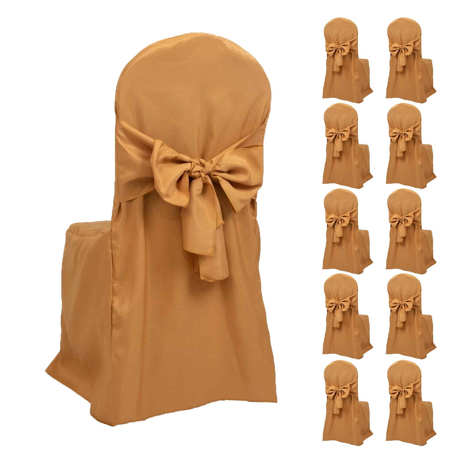 10 - Pack Polyester Slip - On Banquet Chair Covers with Attached Sashes â€“ Gold Reusable Stain - Resistant Covers for Wedding & Event Decor - Bell Racket Store