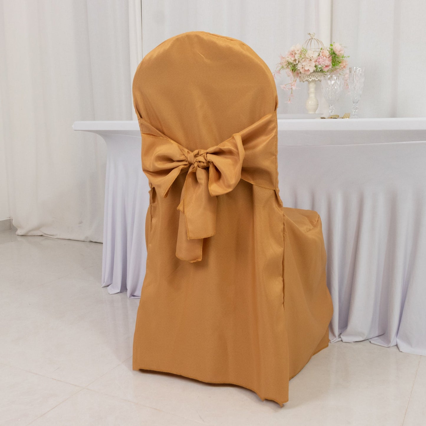 10 - Pack Polyester Slip - On Banquet Chair Covers with Attached Sashes â€“ Gold Reusable Stain - Resistant Covers for Wedding & Event Decor - Bell Racket Store