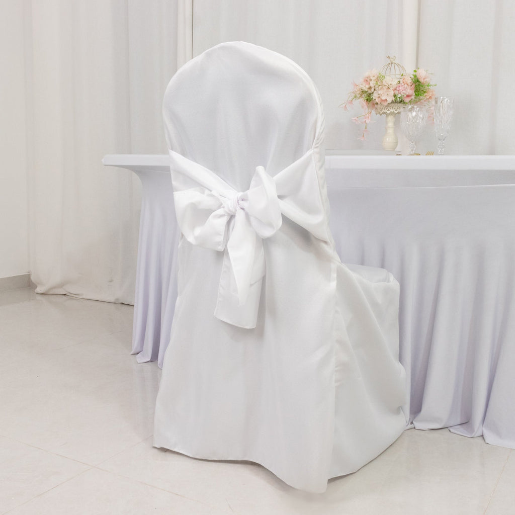 10 - Pack Polyester Slip - On Banquet Chair Covers with Attached Sashes â€“ White Reusable Stain - Resistant Covers for Wedding & Event Decor - Bell Racket Store