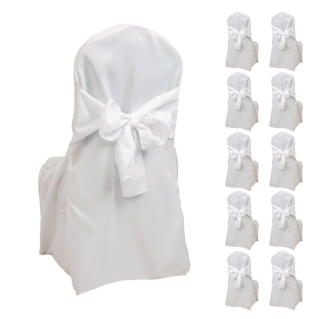 10 - Pack Polyester Slip - On Banquet Chair Covers with Attached Sashes â€“ White Reusable Stain - Resistant Covers for Wedding & Event Decor - Bell Racket Store