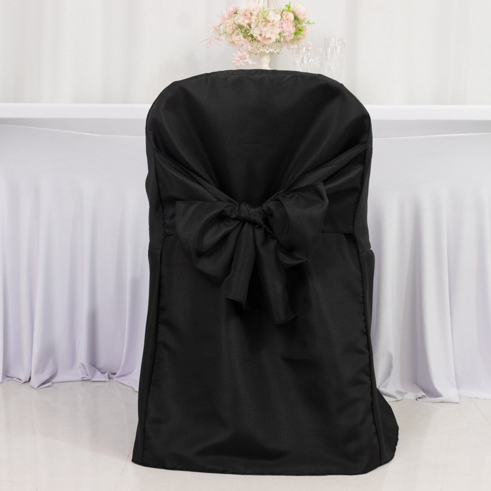 10 - Pack Polyester Slip - On Folding Chair Covers with Attached Sashes â€“ Black Durable Reusable Covers for Wedding & Event Decor - Bell Racket Store