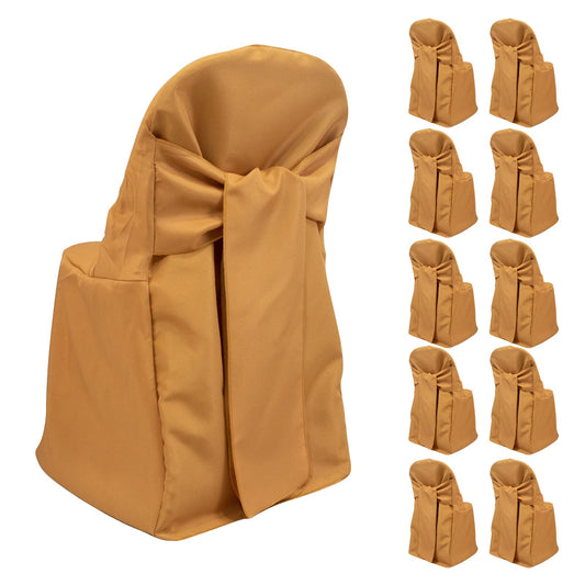 10 - Pack Polyester Slip - On Folding Chair Covers with Attached Sashes â€“ Gold Durable Reusable Covers for Wedding & Event Decor - Bell Racket Store