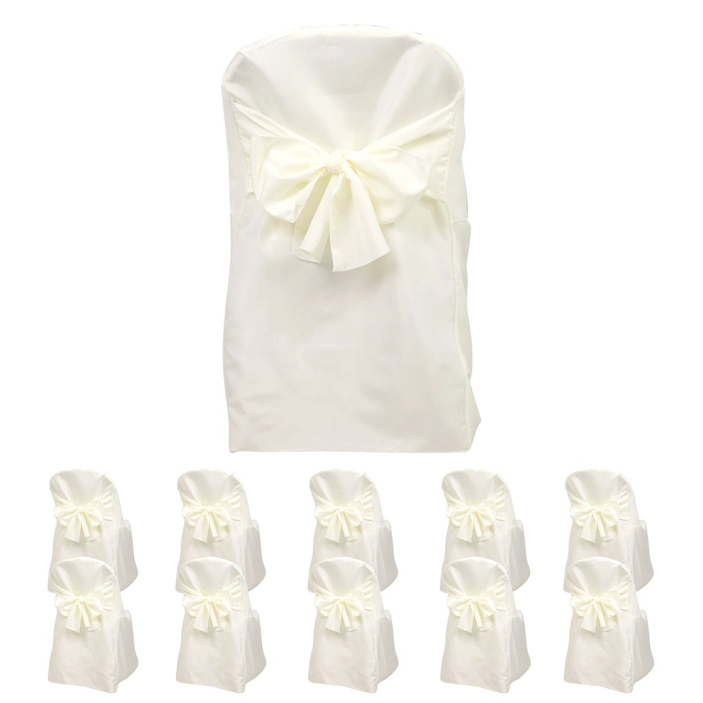 10 - Pack Polyester Slip - On Folding Chair Covers with Attached Sashes â€“ Ivory Durable Reusable Covers for Wedding & Event Decor - Bell Racket Store