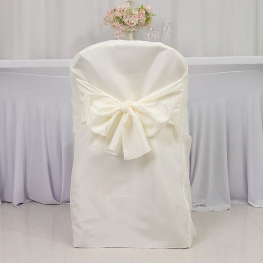10 - Pack Polyester Slip - On Folding Chair Covers with Attached Sashes â€“ Ivory Durable Reusable Covers for Wedding & Event Decor - Bell Racket Store